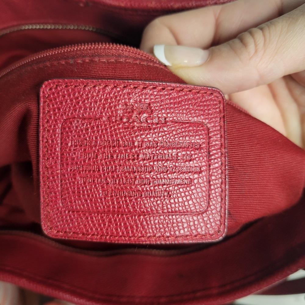 Coach Red Pebbled Leather Signature Canvas Tote Bag Silver Hardware - Picture 11 of 12